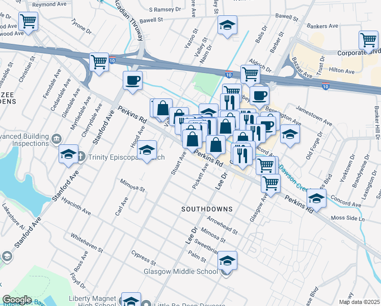 map of restaurants, bars, coffee shops, grocery stores, and more near 4309 Poplar Street in Baton Rouge