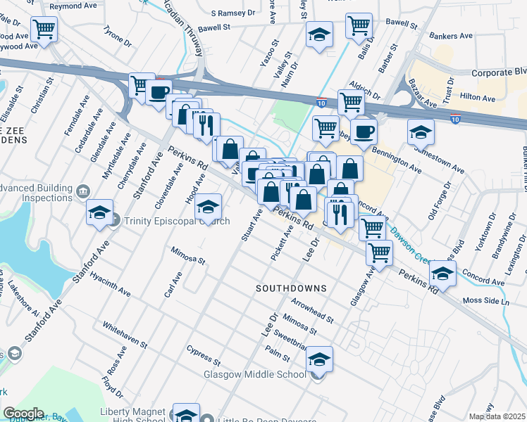 map of restaurants, bars, coffee shops, grocery stores, and more near 2235 Stuart Avenue in Baton Rouge