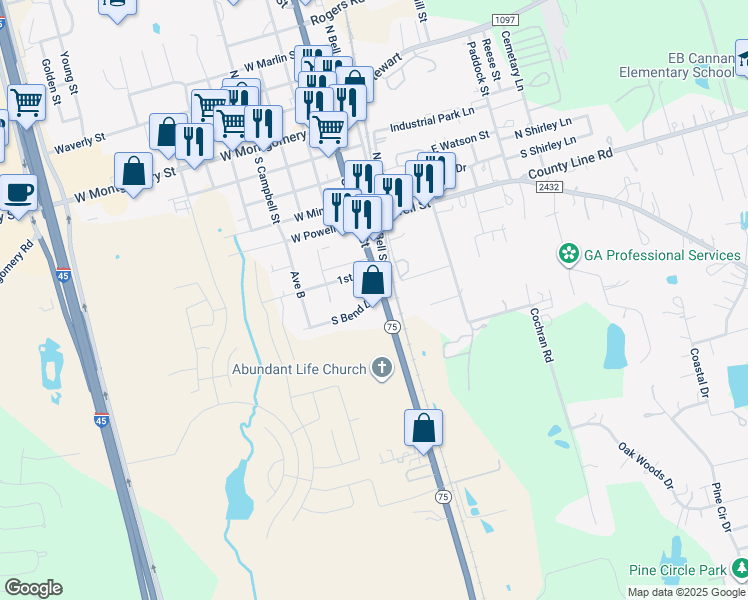 map of restaurants, bars, coffee shops, grocery stores, and more near 12269 State Highway 75 North in Willis