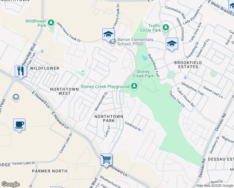 map of restaurants, bars, coffee shops, grocery stores, and more near 14100 Harris Ridge Boulevard in Pflugerville