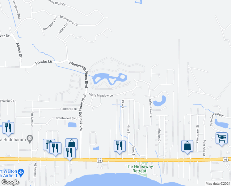 map of restaurants, bars, coffee shops, grocery stores, and more near 9716 Misty Meadow Lane in Navarre