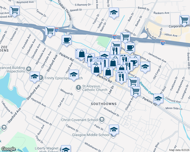 map of restaurants, bars, coffee shops, grocery stores, and more near 4309 Poplar Street in Baton Rouge