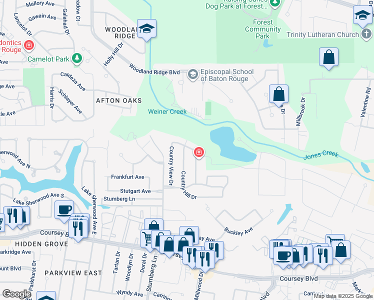 map of restaurants, bars, coffee shops, grocery stores, and more near 3813 Country Hill Drive in Baton Rouge