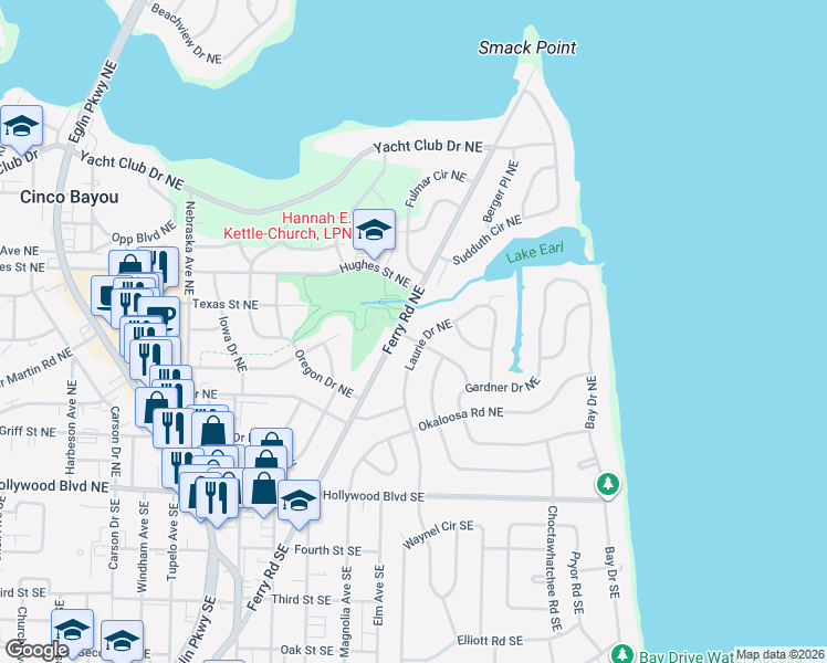map of restaurants, bars, coffee shops, grocery stores, and more near 47 Ferry Road Northeast in Fort Walton Beach