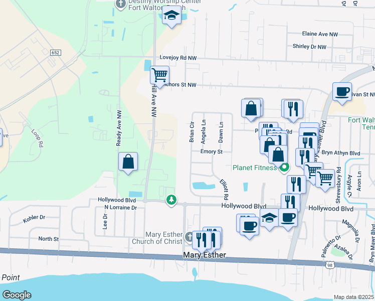 map of restaurants, bars, coffee shops, grocery stores, and more near 275 Brian Circle in Mary Esther