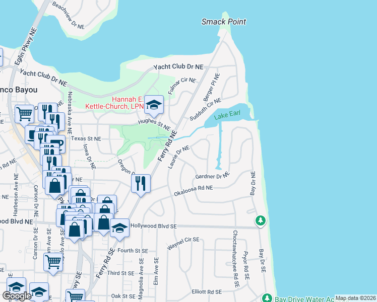 map of restaurants, bars, coffee shops, grocery stores, and more near 311 Smith Drive Northeast in Fort Walton Beach