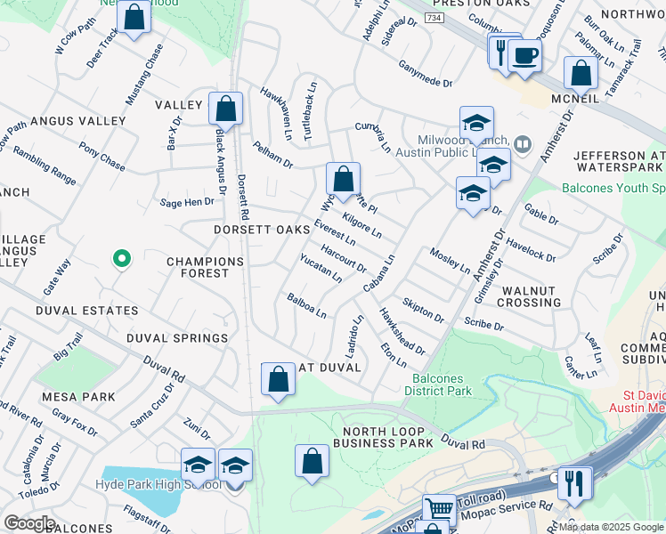 map of restaurants, bars, coffee shops, grocery stores, and more near 4201 Yucatan Lane in Austin