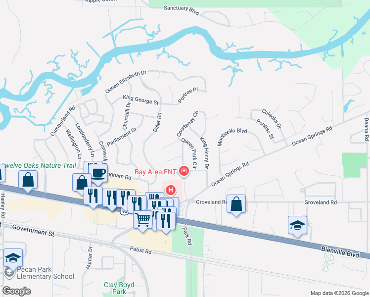 map of restaurants, bars, coffee shops, grocery stores, and more near 1305 Queen Park Cir in Ocean Springs