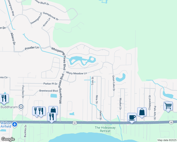 map of restaurants, bars, coffee shops, grocery stores, and more near 9715 Misty Meadow Lane in Navarre