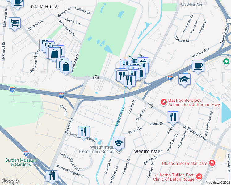 map of restaurants, bars, coffee shops, grocery stores, and more near 3410 San Felipe Drive in Baton Rouge