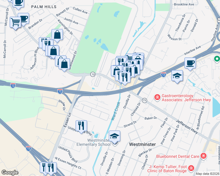map of restaurants, bars, coffee shops, grocery stores, and more near 8760 Jefferson Highway in Baton Rouge