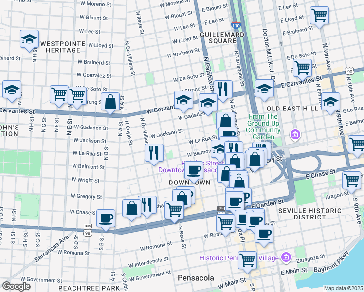 map of restaurants, bars, coffee shops, grocery stores, and more near 401 North Barcelona Street in Pensacola
