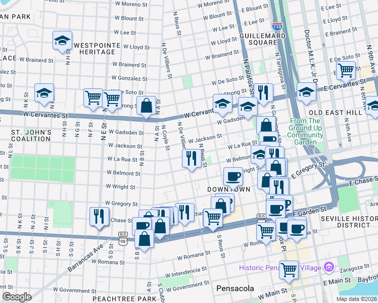 map of restaurants, bars, coffee shops, grocery stores, and more near 505 West La Rua Street in Pensacola