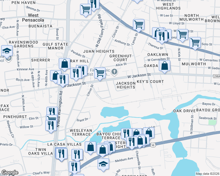 map of restaurants, bars, coffee shops, grocery stores, and more near 419 Wiggins Avenue in Pensacola