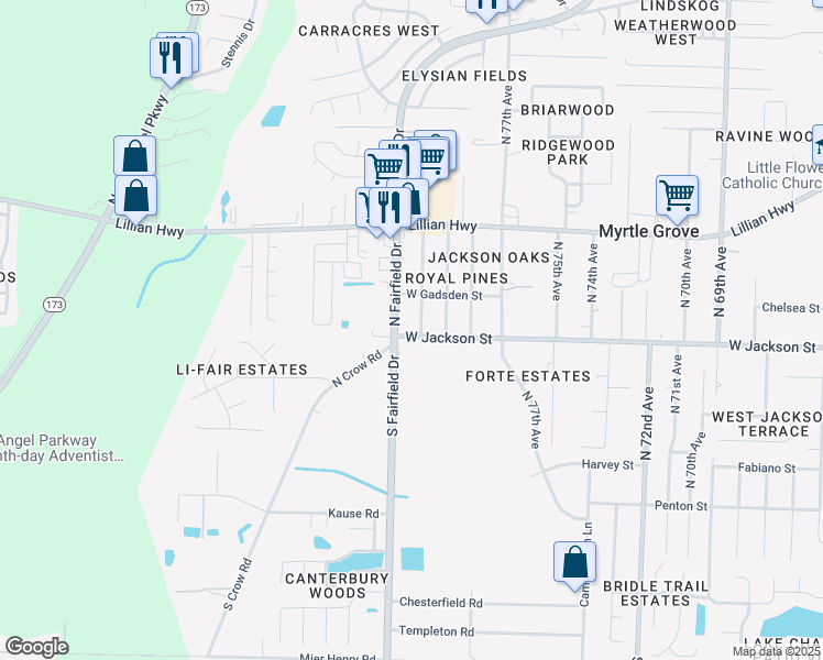 map of restaurants, bars, coffee shops, grocery stores, and more near 598 West Fairfield Drive in Pensacola