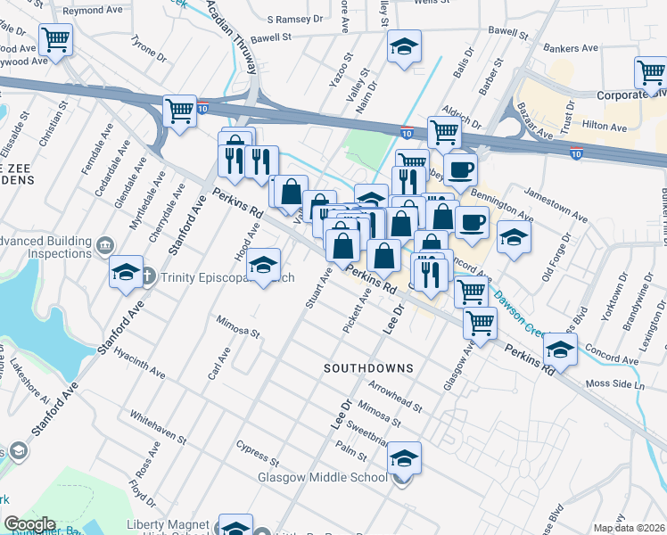 map of restaurants, bars, coffee shops, grocery stores, and more near 2235 Stuart Avenue in Baton Rouge
