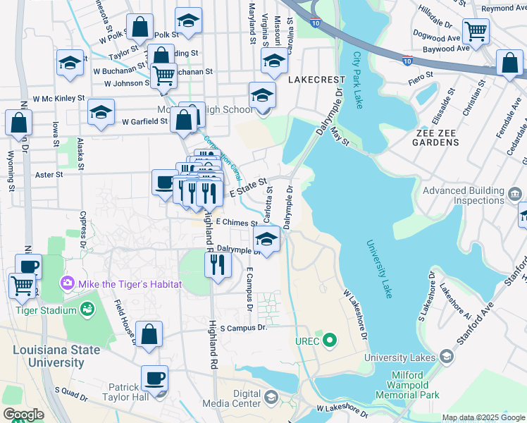 map of restaurants, bars, coffee shops, grocery stores, and more near 403 East Fraternity Circle in Baton Rouge