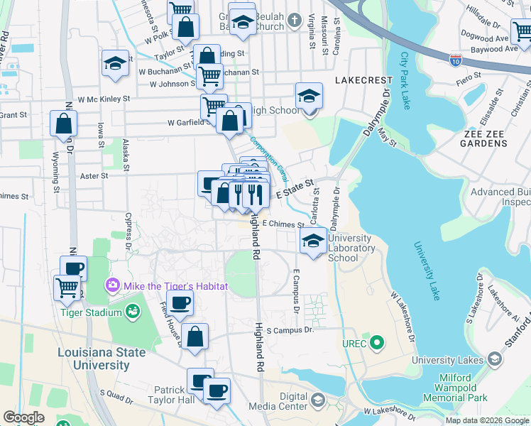 map of restaurants, bars, coffee shops, grocery stores, and more near 3800 Highland Road in Baton Rouge
