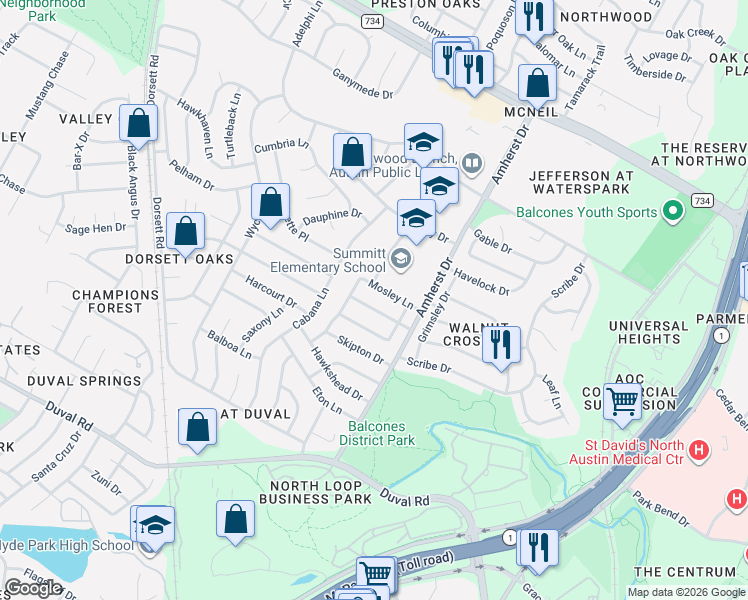 map of restaurants, bars, coffee shops, grocery stores, and more near 3811 Tattershall Lane in Austin