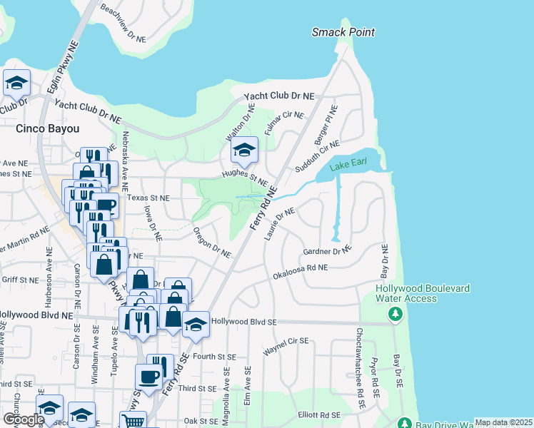 map of restaurants, bars, coffee shops, grocery stores, and more near 51 Ferry Road Northeast in Fort Walton Beach