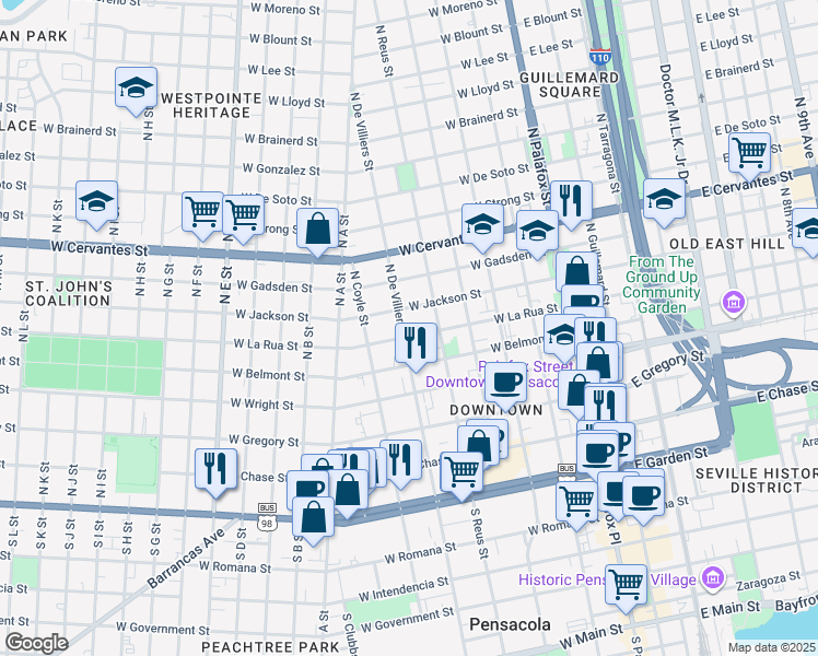 map of restaurants, bars, coffee shops, grocery stores, and more near 505 West La Rua Street in Pensacola