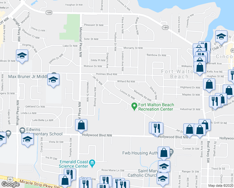 map of restaurants, bars, coffee shops, grocery stores, and more near 209 Jet Drive Northwest in Fort Walton Beach