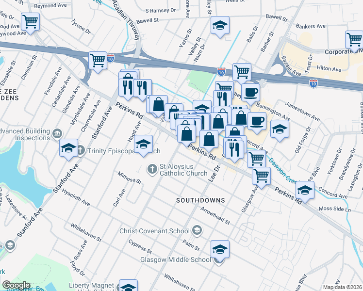 map of restaurants, bars, coffee shops, grocery stores, and more near 2235 Stuart Avenue in Baton Rouge