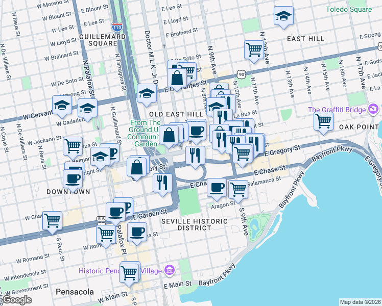 map of restaurants, bars, coffee shops, grocery stores, and more near 600 East Wright Street in Pensacola