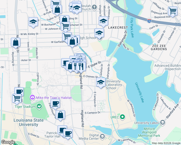 map of restaurants, bars, coffee shops, grocery stores, and more near 249 East Chimes Street in Baton Rouge