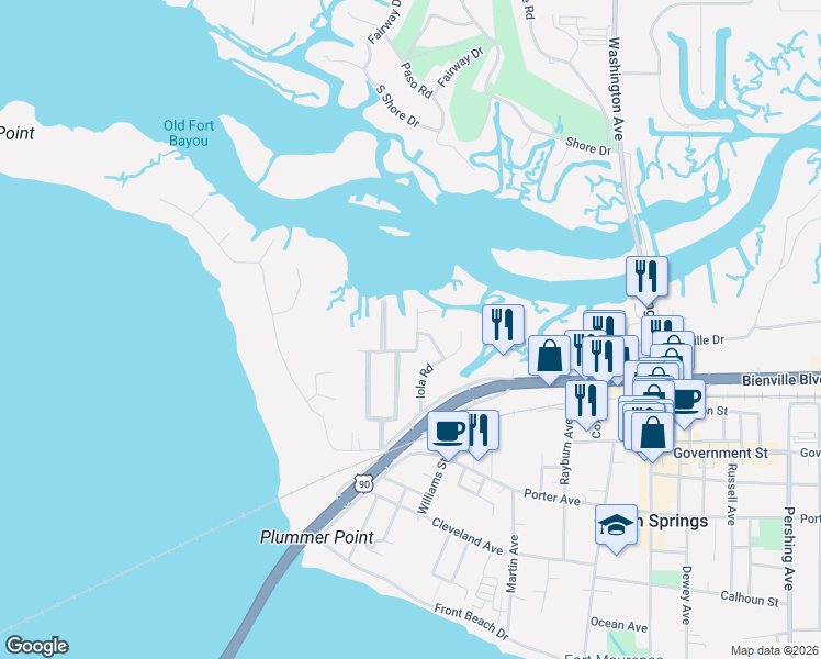 map of restaurants, bars, coffee shops, grocery stores, and more near 1122 East Cherokee Glen in Ocean Springs