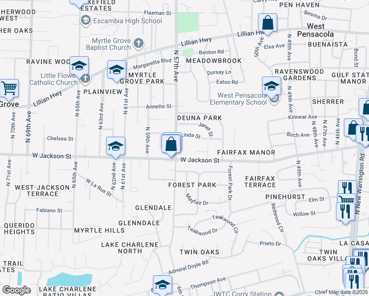 map of restaurants, bars, coffee shops, grocery stores, and more near 5630 West Jackson Street in Pensacola