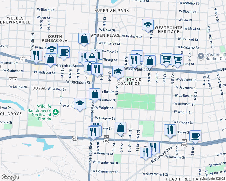 map of restaurants, bars, coffee shops, grocery stores, and more near 1814 West La Rua Street in Pensacola