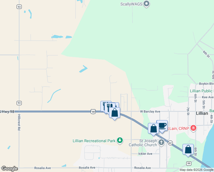 map of restaurants, bars, coffee shops, grocery stores, and more near 13211 Powell Ln in Lillian