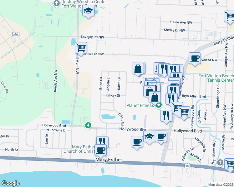 map of restaurants, bars, coffee shops, grocery stores, and more near 50 Ashford Court in Mary Esther