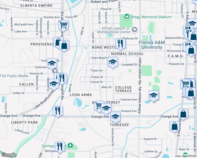 map of restaurants, bars, coffee shops, grocery stores, and more near 2254 Holton Street in Tallahassee