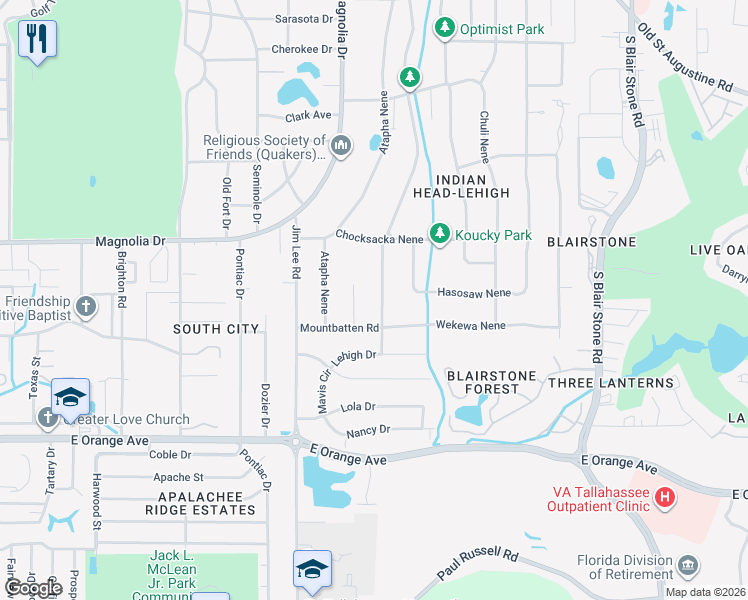 map of restaurants, bars, coffee shops, grocery stores, and more near 2309 Ohbah Nene in Tallahassee