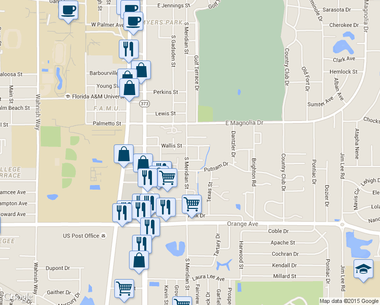 map of restaurants, bars, coffee shops, grocery stores, and more near 2308 South Meridian Street in Tallahassee