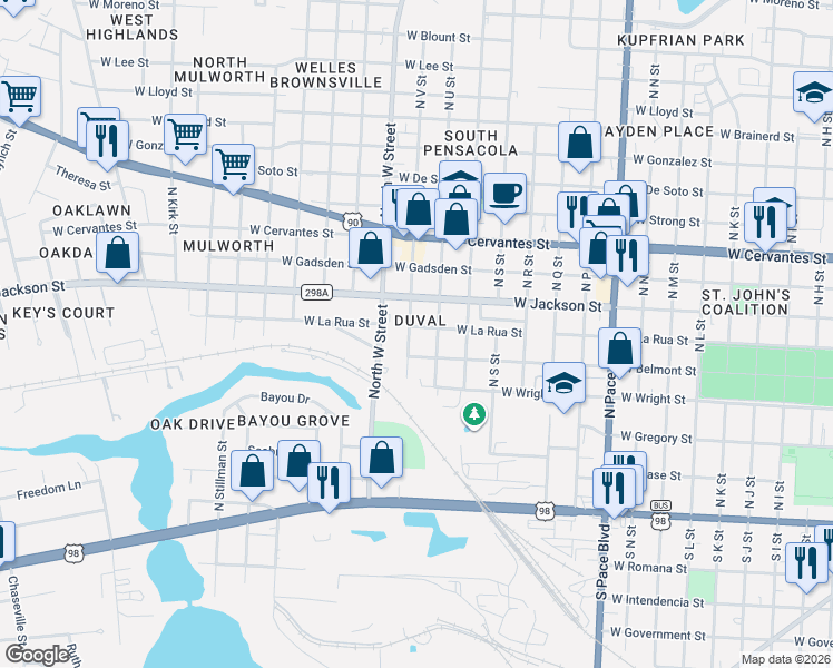map of restaurants, bars, coffee shops, grocery stores, and more near 520 North V Street in Pensacola