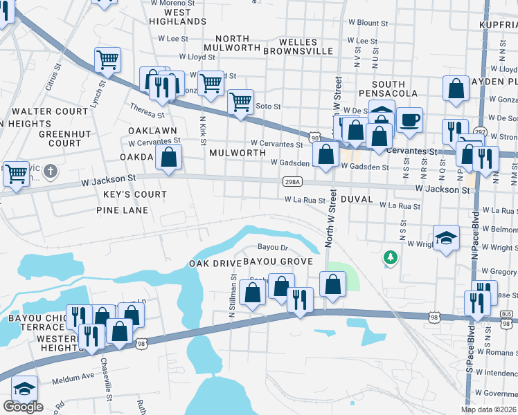 map of restaurants, bars, coffee shops, grocery stores, and more near 501 Shoemaker Street in Pensacola