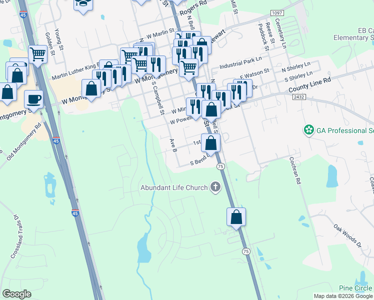 map of restaurants, bars, coffee shops, grocery stores, and more near 206 1st Street in Willis