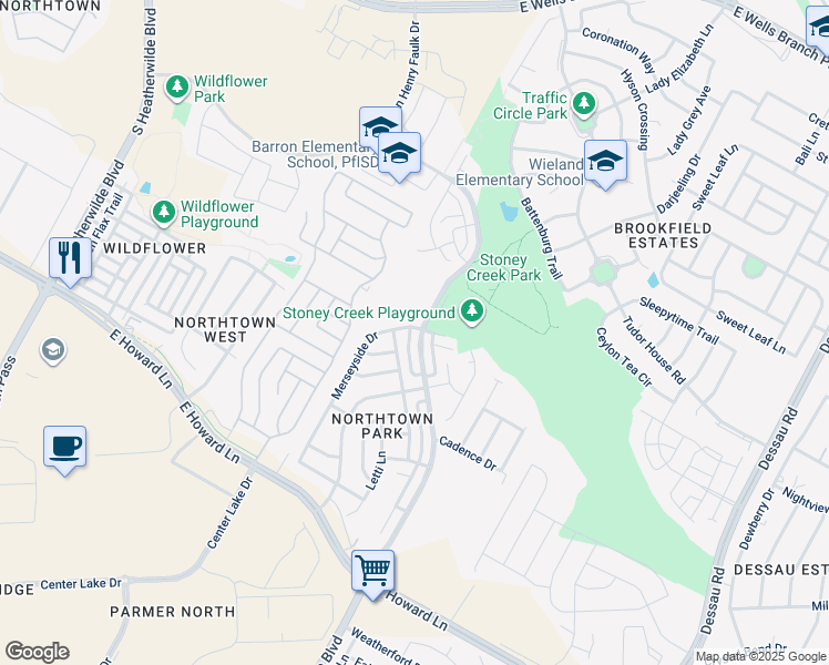 map of restaurants, bars, coffee shops, grocery stores, and more near 14032 Merseyside Drive in Pflugerville