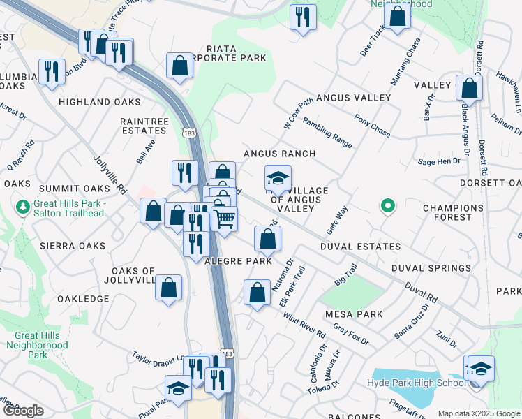 map of restaurants, bars, coffee shops, grocery stores, and more near 5300 Duval Road in Austin