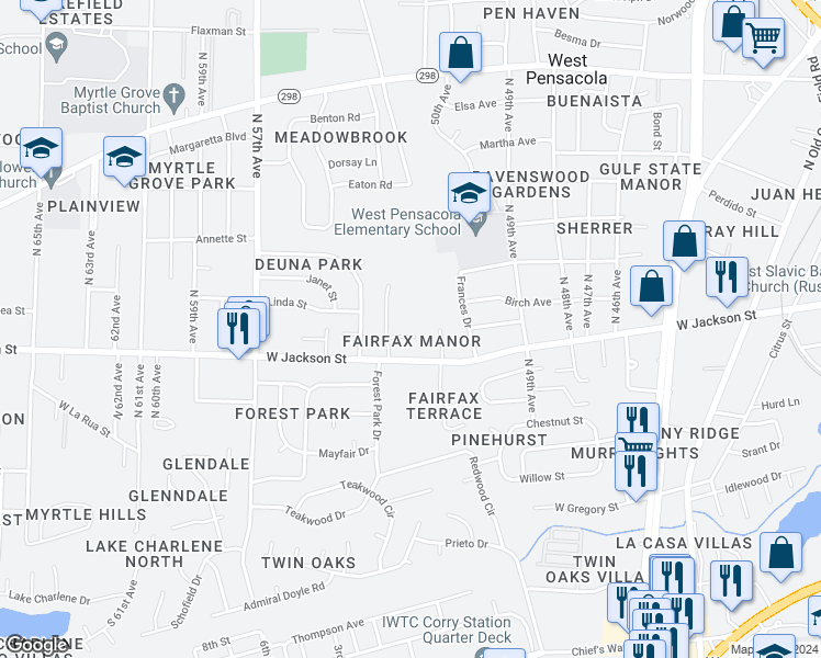 map of restaurants, bars, coffee shops, grocery stores, and more near 8 Edgemont Drive in Pensacola