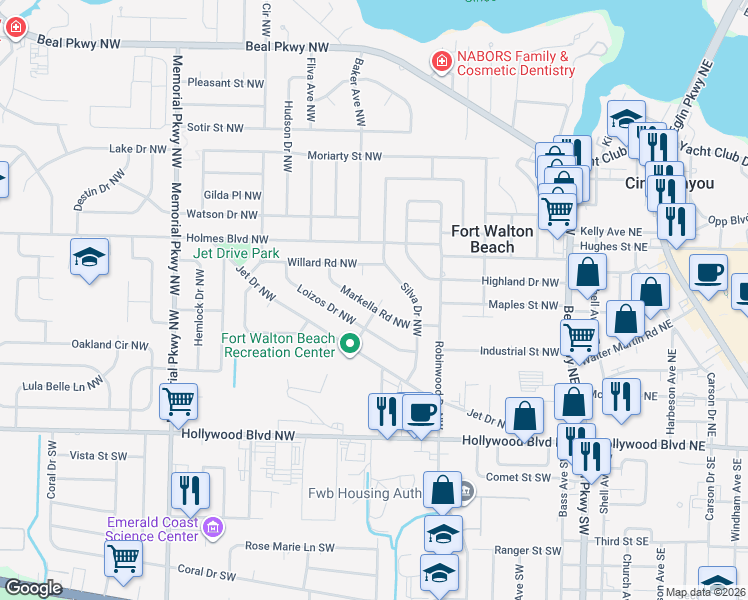 map of restaurants, bars, coffee shops, grocery stores, and more near 36 Carlton Court Northwest in Fort Walton Beach