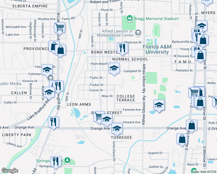 map of restaurants, bars, coffee shops, grocery stores, and more near 2261 Saxon Street in Tallahassee