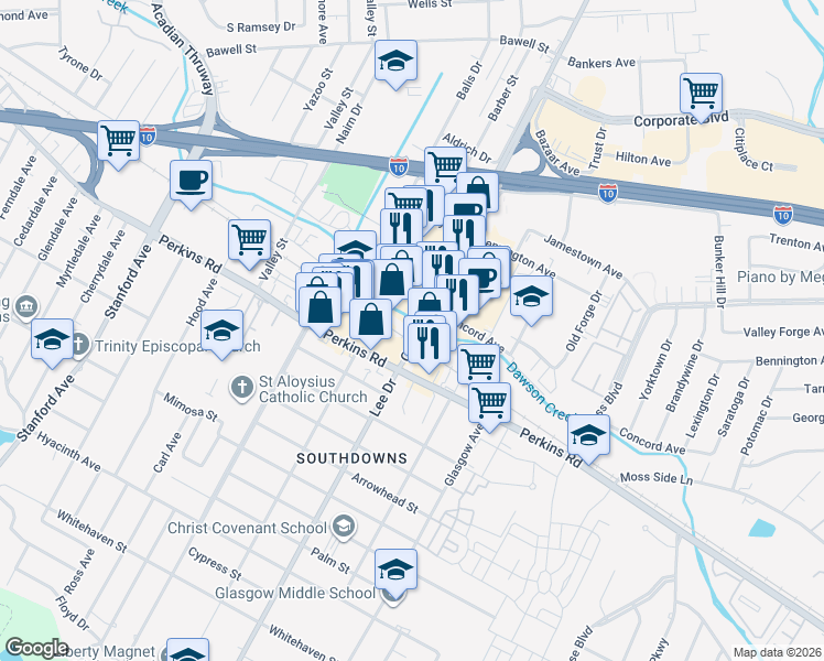 map of restaurants, bars, coffee shops, grocery stores, and more near 3154 College Drive in Baton Rouge