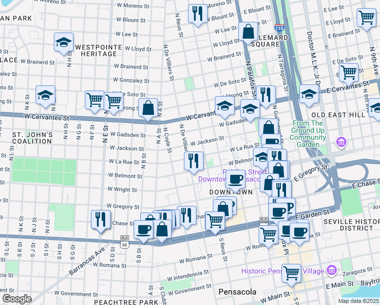 map of restaurants, bars, coffee shops, grocery stores, and more near 605 North De Villiers Street in Pensacola