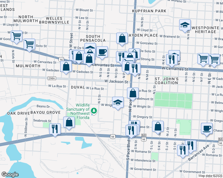 map of restaurants, bars, coffee shops, grocery stores, and more near 2315 West Jackson Street in Pensacola