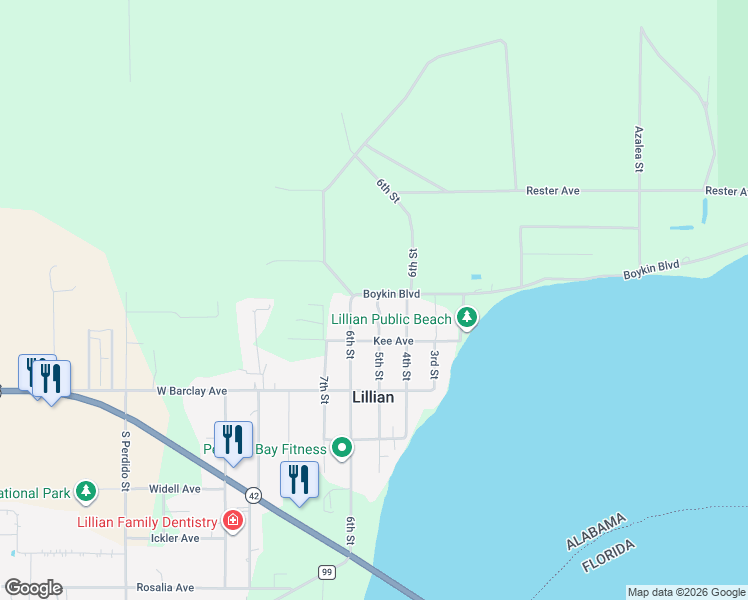 map of restaurants, bars, coffee shops, grocery stores, and more near 34501-34579 Boykin Blvd in Lillian