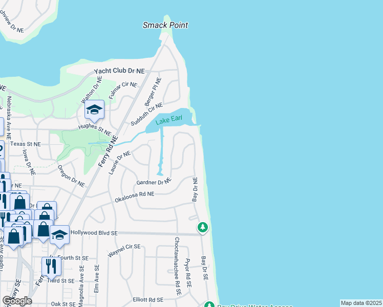 map of restaurants, bars, coffee shops, grocery stores, and more near 47 Bay Drive Northeast in Fort Walton Beach